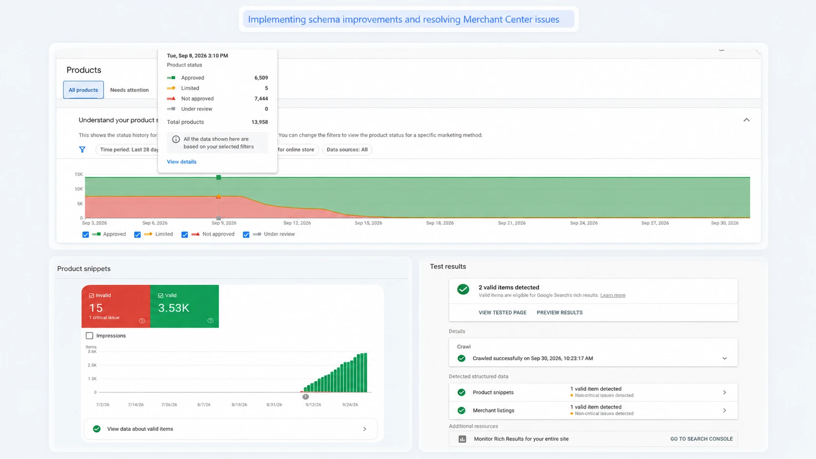 Merchant Center product status and Rich Results test showing resolved schema issues
