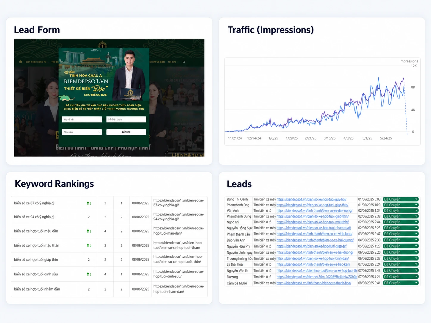 Biendepso1.vn organic traffic growth, leads and keyword ranking dashboard