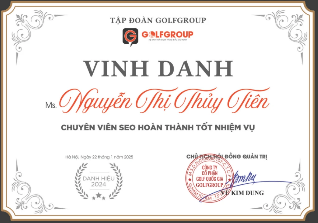 GolfGroup certificate of recognition for outstanding SEO Specialist, 2024